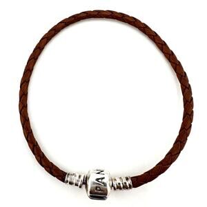 Pandora 925 Sterling Silver Medium Brown Braided Leather Charm 7.25” Bracelet